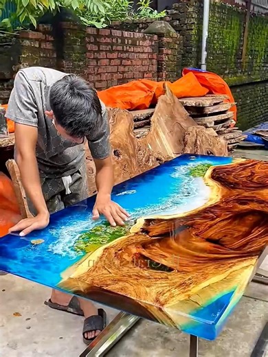 Tropical Beach Epoxy Resin River Dining Table. #resin #epoxy #resintable #epoxytable #rivertable #resinfurniture #epoxyresinart