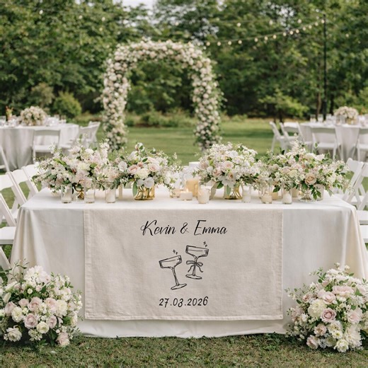 Personalized Wedding Table Runner, Custom Names Date, Champagne Glass Line Art, Head Table Decor, Sweetheart Table Runner, Reception Decor - Etsy