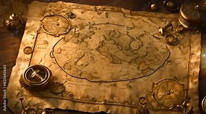 Old vintage map worn parchment with islands and land, wind rose and cardinal points. Fantasy world, vintage grunge paper, pirate map with travel locaold map and compass