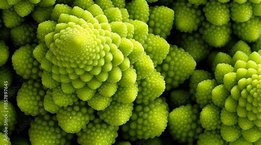 An extreme close-up view explores the mesmerizing fractal florets of a vibrant Romanesco broccoli, highlighting its natural mathematical pattern and structure