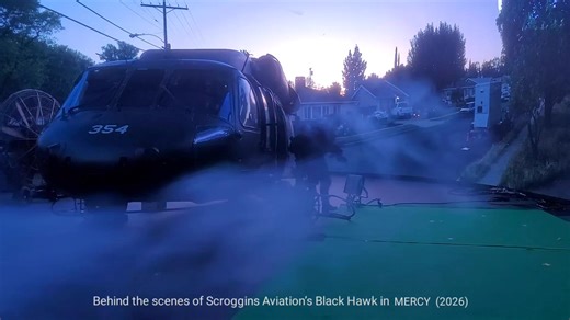 Behind the scenes of MERCY (2026). Scene shows Scroggins Aviation's Black Hawk (79-23354) flying and landing in a neighborhood with SWAT team stepping off the helicopter. Cameras filming inside looking out revealing the background video LED wall with SWAT guys in the forground. MERCY was released on Jan. 23, 2026 #MercyMovie #AmazonMGMStudios #ChrisPratt #filmindustry #artdepartment #FilmProducer #filmmaking #filmprops #movieprops #helicopter #uh60blackhawk #scrogginsaviation | Scroggins Aviatio