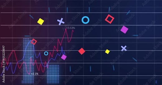 Finance chart animating lines after cyan ticks pulsing, bars rising, icons aligning, showing trends