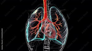 3D animation illustrating human respiratory system, with lungs, bronchi, trachea, and larynx.