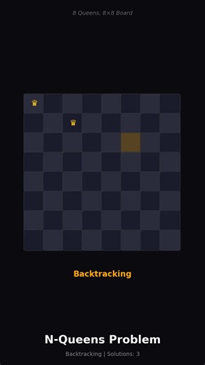 Code Of Cosmos | 우주코드 on Instagram: "N-Queens Problem (N-퀸 문제) 8개의 퀸을 서로 못 잡게 배치하기. 생각보다 어려워요. ♛ Place 8 queens so none can attack each other. Harder than it looks. ♛ ♛ N-Queens 문제란? 체스판에서 퀸은 가로, 세로, 대각선 전부 공격할 수 있어요. 그래서 8×8 체스판에 8개의 퀸을 서로 공격 못 하게 놓으려면... 진짜 머리 아파요. 🤯 여기서 쓰는 게 백트래킹(Backtracking)! 일단 한 줄씩 퀸을 놓아보고, 안 되면 되돌아가서 다른 자리 시도해요. 영상에서 보면: - 초록색 🟩 = 퀸 배치 성공! - 빨간색 🟥 = 충돌! (다른 퀸이랑 같은 줄/대각선) - 주황색 🟧 = 백트래킹 중... 다시 돌아가는 중 빨간 선이 "얘네가 서로 공격할 수 있어요~"를 보여주는 거예요. 결국 92가지 해답이 있는데, 찾는 과정이 진짜 ASM