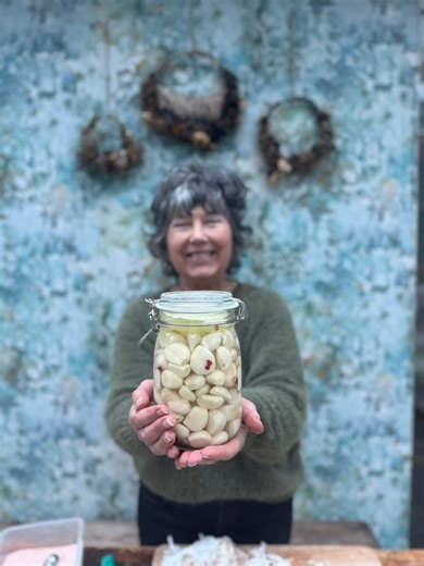 Fermented garlic is one ferment I can’t live without! So simple to make, simply fill a glass jar with peeled garlic cloves and leave a gap of a few cms at the top. Add a couple of bay leaves and some black peppercorns (optional) Make a 2% brine by dissolving 20g (a tablespoon) of fine sea salt or Himalayan salt in 1 litre of water. Pour the brine over the garlic cloves. Add a weight, either a trimmed cabbage leaf, the bottom end of a butternut squash or a wee ziplock bag which you can fill with 