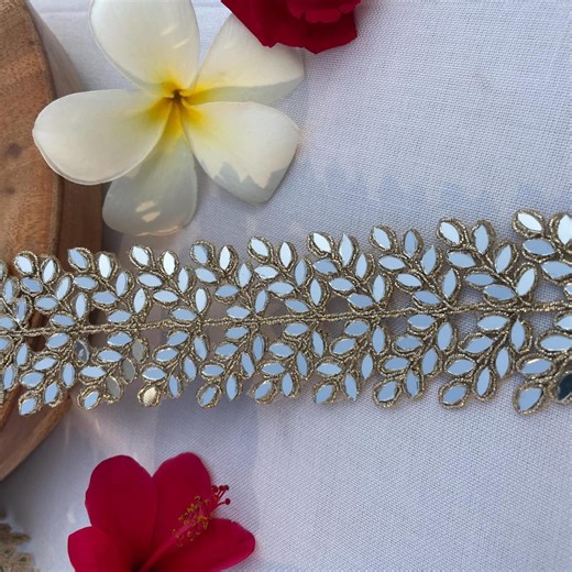 Handmade Mirror Work Lace Trim | Gold Embroidered Leaf Border, 1 Yard - Etsy