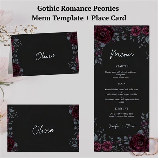 Gothic Romance Wedding Menu Place Cards, Dark Academia Peonies Reception Stationery (digital Download) - Etsy