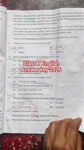Class 7 English Answer key 2026 / Class 7 English Annual Paper Answer Key 10/3/2026 / Morning Shift