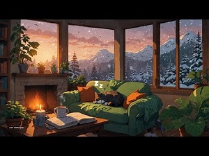 Cozy Winter Lofi | Snowy Fireplace, Sleeping Cat & Relaxing Ambience