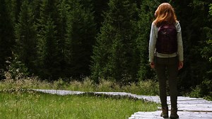 Hiker woman walking through the forest - Free Stock Video