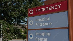Emergency Sign at Hospital in USA. Emergency Room and Medical Care Building. Hospital, Medical Center, Emergency Room.