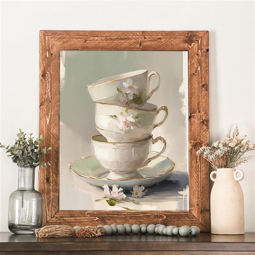 Framed Vintage Teacup Painting, Light Academia Wall Art, Grandmillenial Aesthetic Decor, Bookish Wall Art, Cottage Reading Nook Decor - Etsy