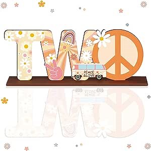 Two Groovy Party Decorations Bohemian Rainbow Two Letter Sign Wooden Centerpiece Two Groovy Birthday Baby Shower Party Table Decoration for 60s Hippie Boho Theme 2nd Birthday Celebration