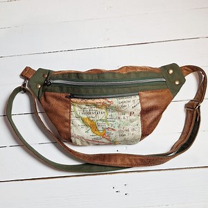 Large Men's or Unisex Fanny Pack in Camel Faux Leather, Beige Fabric With Map Print, World Map, Khaki Cotton Canvas, Gift for the Adventurer - Etsy UK