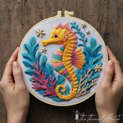 Seahorse Embroidery Kit – Colorful Ocean Hoop Art, Coastal Wall Decor, Beginner Hand Stitching Set - Etsy