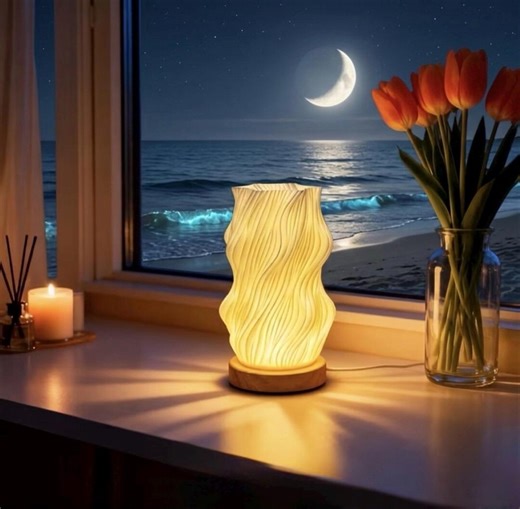 Wave Aura Lamp, 3D Printed Petal Style, Wooden Base, Tri-Tone Lighting with USB