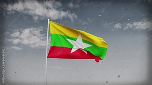 myanmar flag waving on sky background. Highly Detailed Fabric Pattern, 3D Rendering video footage. 4K resolution for celebration, national award, patriotic, social media etc.