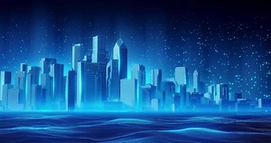 digital smart city background loop with futuristic buildings, glowing lines, floating binary code, and flowing data network waves, ideal for business presentations or technology concepts.