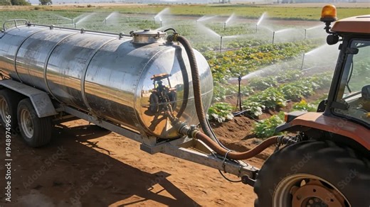 Tractor pulling water tank trailer supplying irrigation system across crop field, modern farming operation, agricultural resource distribution, rural food production and land management.