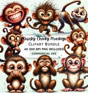 Funny Cheeky Monkeys Clipart Bundle, Cute Jungle Animal PNG, Whimsical Quirky Safari Graphics, Transparent Digital Download, Commercial Use - Etsy
