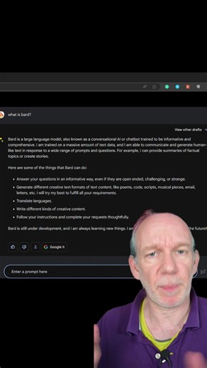 How to use Goolge Bard in one easy step. bard.goog.com Here are a couple of comparisons. On the whole ChatGPT comes out better, however Bard has pretty much live data so if you need something that's based on very current information Bard is a better options. https://lnkd.in/eVDTNWPX https://lnkd.in/euPURdsz #googlebard #chatgpt #bardvschatgpt #gai #generativeai #aihowto #howto