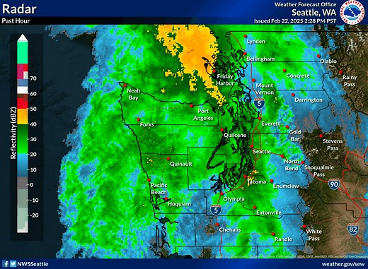 2:50 PM Radar Update: Rain continues across the western WA this afternoon, with a heavier band moving up through San Juan and Whatcom Counties. Some ponding of roads and in low-lying areas is possible. #wawx | US National Weather Service Seattle Washington