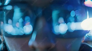 Close-up of a person's glasses reflecting code and data on a screen, symbolizing programming, cybersecurity, and tech innovation.
