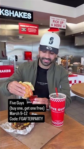 Five Guys #burger #deal buy one get one free code: FGAFTERPARTY #fiveguys #freefood #free #hamburger