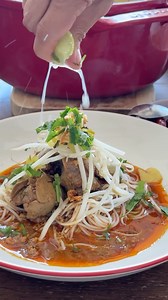 23K views · 317 reactions | NYC has tons of restaurants, but I’d choose a home cooked meal by friends over any Michelins stars any day. ❤️ My Sabai Talk Podcast cohost @hongthaimee made me one of her specialties: kanom jeen nam ngiew, a northern Thai dish. The curry is brothy and light but flavourful and comforting. There are pork ribs, ground pork, tomatoes, and cotton flowers. Sorry I don’t have a recipe for this, but I am now inspired to work on it! | Hot Thai Kitchen | Facebook