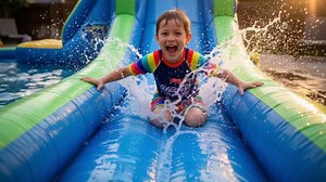 BOUNTECH Inflatable Water Slide, Adventure Surfing Slide Kids Water Park Jump Castle with Climbing Wall, Long Slide, Dual Cannons, Backyard Party Outdoor Blow Up Water Slides Inflatables for Big Kids