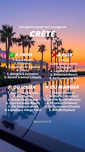 📌 ENREGISTRE pour ton voyage en Crète Détails & explications ci-dessous 👀 : 🇬🇷 À FAIRE ABSOLUMENT 1. Balos Beach – lagon turquoise de carte postale 2. Elafonissi – sable rose et eaux cristallines 3. Randonnée dans les gorges de Samaria 4. Chania – vieille ville colorée et port vénitien 5. Se perdre dans les villages de montagne (Anogeia, Archanes...) 6. Coucher de soleil à Seitan Limania ⚠️ À FUIR / PAS RECOMMANDÉ 1. Malia - station balnéaire ultra fêtarde, bruyante et kitsch. Parfait si tu 