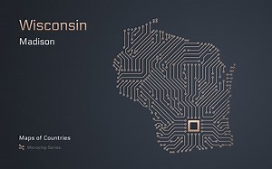 Wisconsin Map with a capital of Madison Shown in a Microchip Pattern....