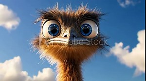 Funny animated ostrich with large eyes and a quirky expression enjoying a sunny day outdoors