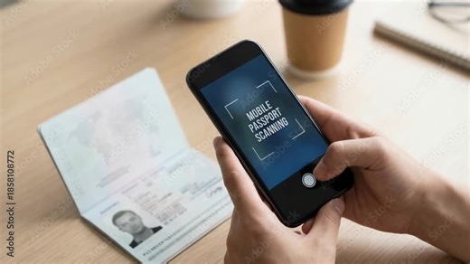 travel visa verification concept. Modern Digital Travel Visa Verification Biometric Scanning and Passport Authentication on Smartphone