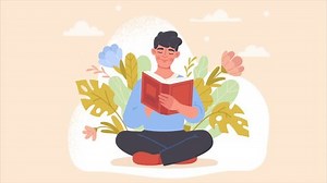 Person reading book concept. Moving calm man surrounded by flowering plants and flowers fond of literature. Hobbies or education. Character reading fairy tale or story. Flat graphic animated cartoon
