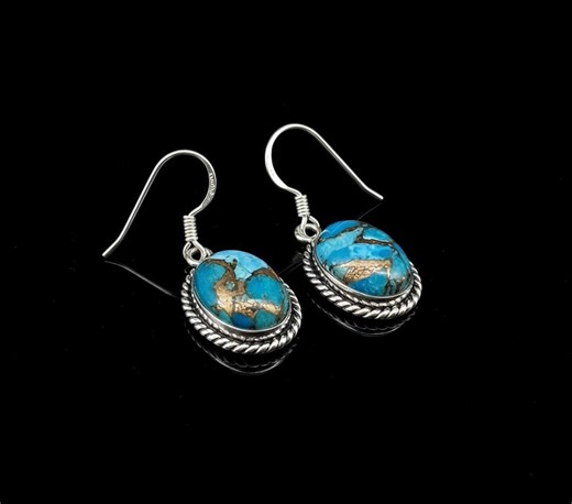 Natural Blue Copper Turquoise Earrings, 925 Sterling Silver Dangle Earrings, Oval Gemstone Jewelry, Handmade Gift for Her, Boho Earrings - Etsy