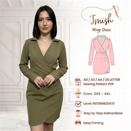 Wrap Dress Sewing Pattern PDF - Long Sleeve Midi With Draped Waist - Evening Elegant Style - Etsy