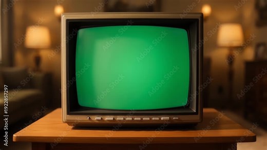 Retro tv set with green screen background and vintage static noise effect