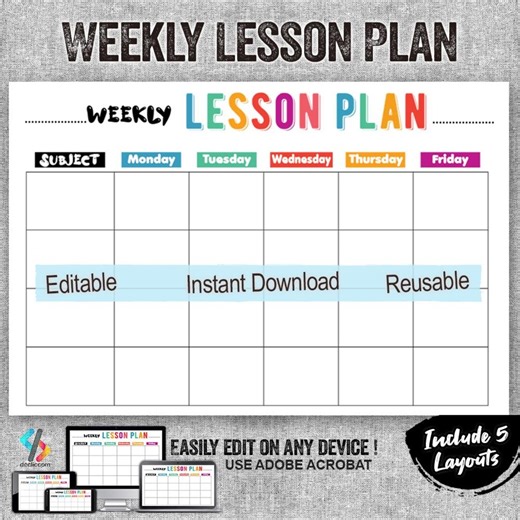 Printable Editable Weekly Lesson Plan Template | Homeschool & Teacher Planner | PDF Download | 5 Page Layouts for 4 8 Subjects - Etsy