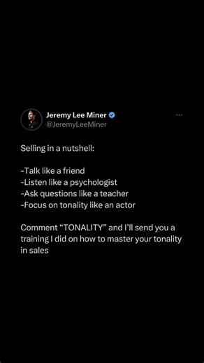 42K views · 89 reactions | Comment “TONALITY” and I’ll send you a training I did on how to master your tonality in sales | Jeremy Miner | Facebook