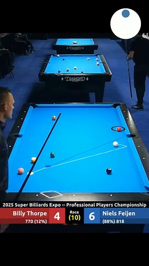 6.9K views · 219 reactions | Niels Feijen vs Billy Thorpe | 2025 Super Billiards Expo. Computer vision algorithms used for ball trajectory simulation and data-driven visualization. | PerformStars | Facebook