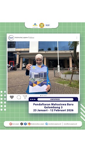 Ilmukomunikasi Unpam on Instagram: "🎉 Pendaftaran Mahasiswa Baru UNPAM Semester Genap 2025/2026 Resmi Dibuka! Buat kamu yang cari kampus affordable, berkualitas, dan penuh peluang—ini saatnya gabung bareng kami di Ilmu Komunikasi Universitas Pamulang! 📚✨ 🔥 Gelombang 3 dibuka mulai 23 Januari 2025 – 12 Februari 2026 Daftar super mudah via website atau G-Form, dan yang paling penting… GRATIS biaya formulir! 💡 Persyaratan simpel: • Formulir Pendaftaran • Fotokopi ijazah legalisir • Fotokopi KTP