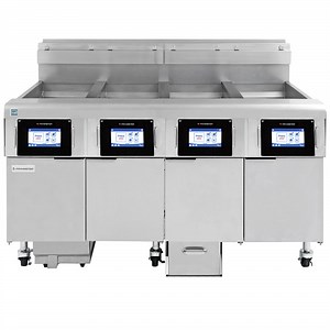 Frymaster 4FQG30U FilterQuick Oil-Conserving 30 lb. Liquid Propane Four Unit Floor Fryer with Fully Automatic Filtration System - 280,000 BTU