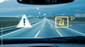Futuristic car is using augmented reality technology to display road information for safety, navigation and entertainment directly on the windshield