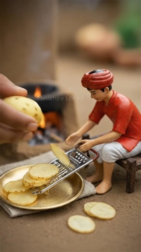 Miniature boy making aaloo chips for himself. #miniature #miniaturecooking #boy