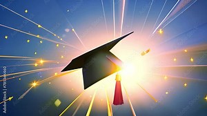 Graduation hat flying in the sky. Graduate are celebrating graduation Throwing hands up a certificate and Cap in the air, Happiness cheerful feeling, Commencement, Graduation day on sky background. 4k