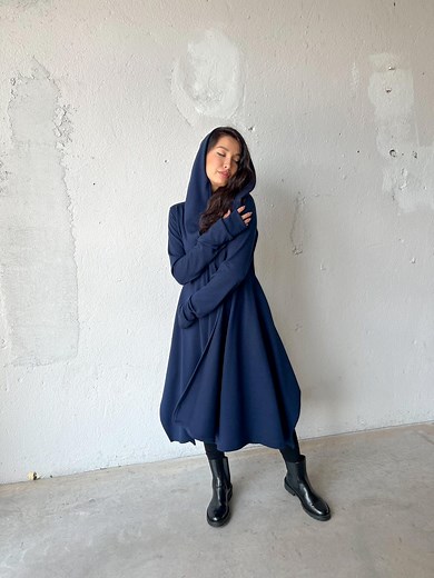 Dark Blue Wool Cloak With Hood, Asymmetrical Maxi Cape, Winter Wizard Cloak, Viking Cloak, Knitted Medieval Cloak, Witch Cloak - Etsy