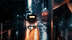 Urban street time lapse at night, City bus oncoming cars driving on wet road downtown, Public transportation bustling metropolitan speeding under city lights