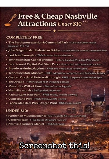 Think Nashville is expensive? It does not have to be. This is how locals actually experience the city without spending much at all. Free skyline views. Live music during the day on Broadway. Museums, parks, history, and places most visitors walk right past. Even spots you would never expect to be free. Most people only see Nashville as a party city. But the real Nashville is deeper than that. If you want real Nashville hacks, real history, and experiences that go beyond Broadway, head to Nashvil