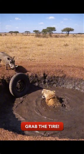 A Warthog Rolled a Tire to a Drowning Lion… And It Actually Worked 🐗🦁